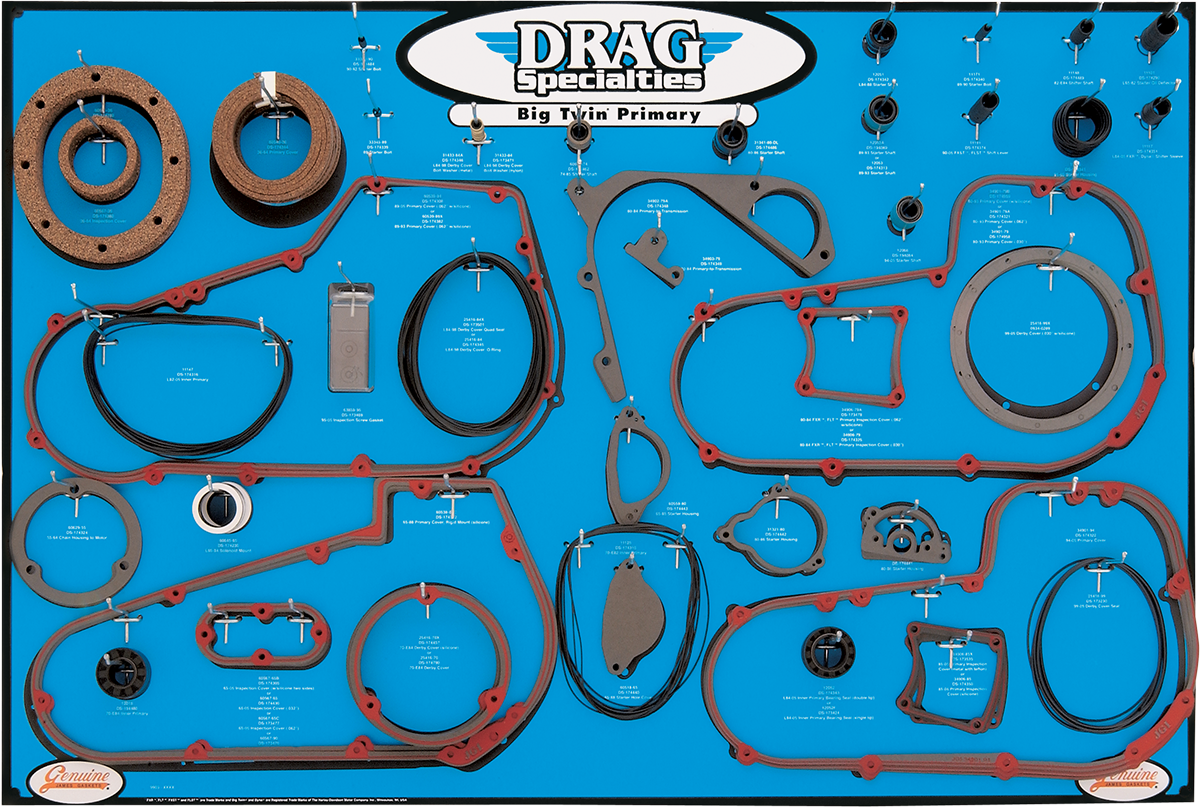 DRAG SPECIALTIES Gasket, Seal, and O-ring Display for '99-'06 Twin-Cam 5-Speed Primaries (Part #9903-0101)