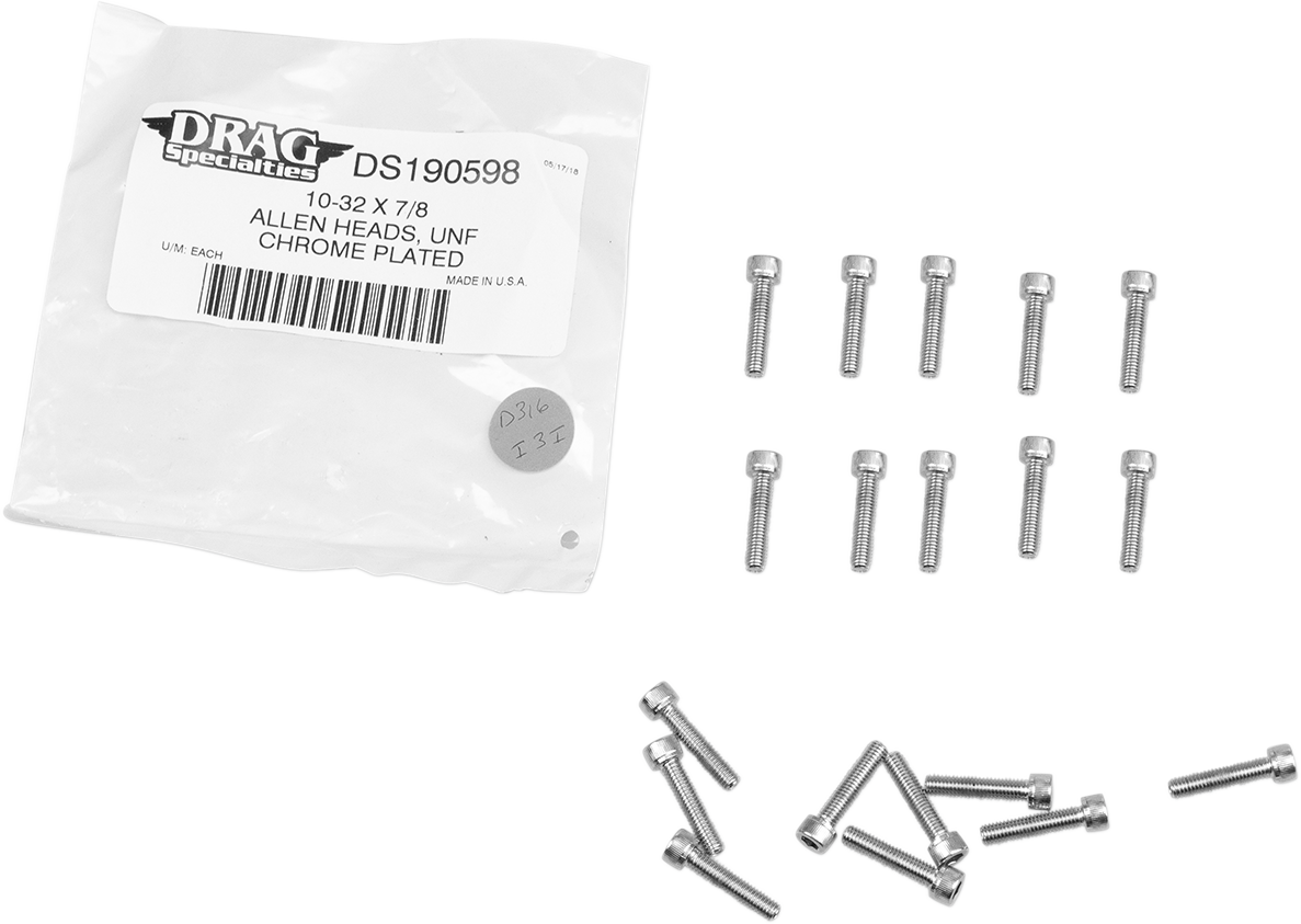 DRAG SPECIALTIES MPB203 Replacement Socket-Head Bolts – Knurled/Fine Thread, #10-32 x 7/8 inch, Pack of 10