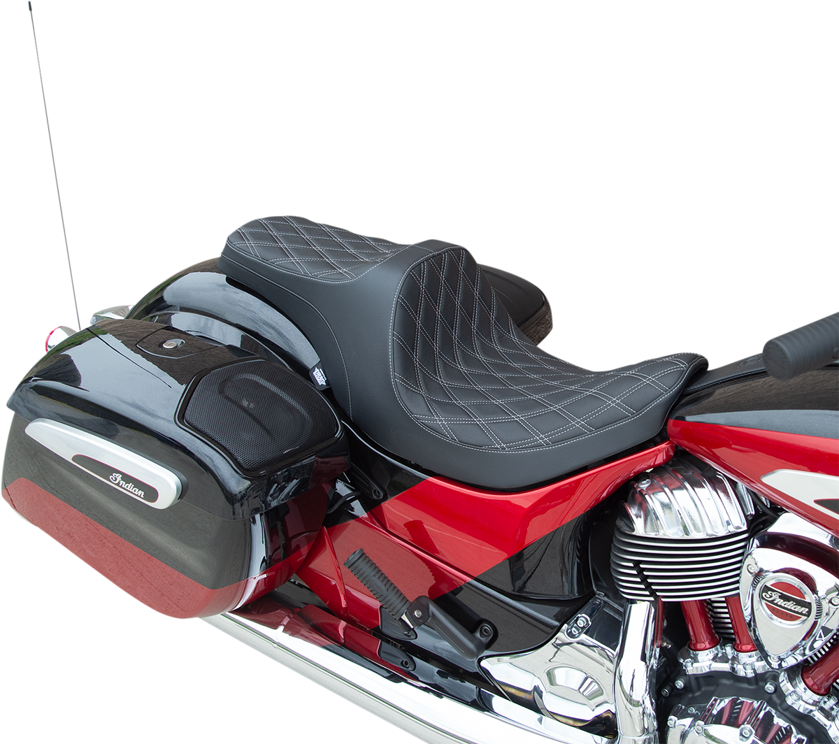 DRAG SPECIALTIES SEATS, DRAG SPECIALTIES SEATS Predator III Seat for Indian '14-'22 – Forward Positioning, Double Diamond Design, Silver Stitching