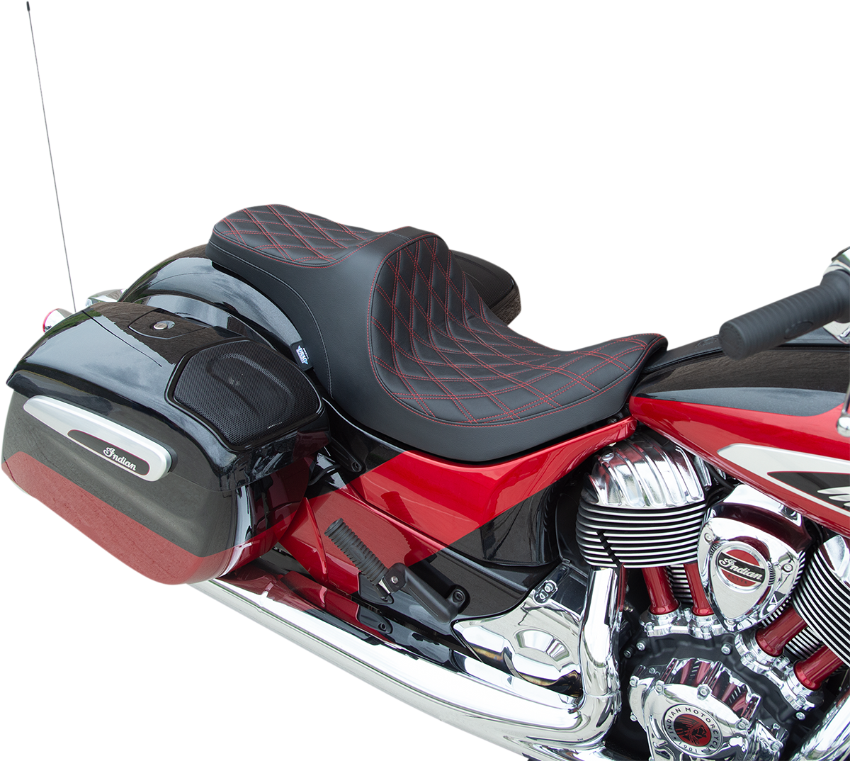 DRAG SPECIALTIES SEATS, Drag Specialties Seats Predator III Seat for Indian '14-'22 - Forward Positioning, Double Diamond, Red Stitching (Part #0810-2272)