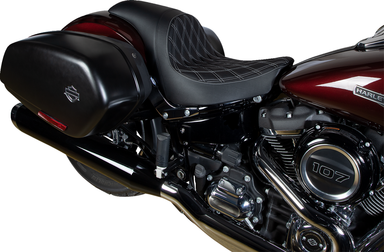 DRAG SPECIALTIES SEATS, DRAG SPECIALTIES SEATS Predator Double Diamond Vinyl Seat with Silver Stitching for Harley-Davidson FLSB/FXLR (2018-2023) Part #0802-1518