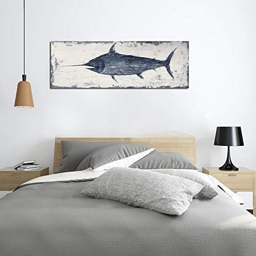 Yihui Arts Indigo Blue Swordfish Canvas Wall Art Painting Pictures for Living Room Bedroom Bathroom Decor