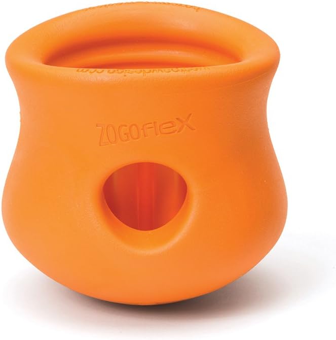 West Paw Zogoflex Toppl Treat Dispensing Dog Toy Puzzle – Interactive Chew Toys for Dogs – Dog Toy for Moderate Chewers, Fetch, Catch – Holds Kibble, Treats, Large 4", Tangerine
