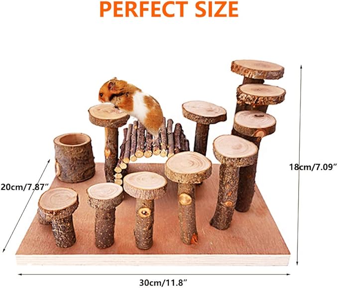 Wooden Chinchilla Platform Toy - Activity Playground Stand Ladder Hideout Set Bridge Ramps Chew Toys for Mouse, Dwarf Hamster, Gerbil, Rat, Sugar Glider, Syrian Hamster, Small Animals