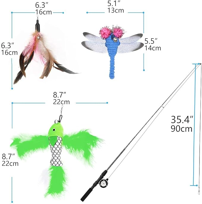 Pawaboo Cat Feather Toys, 4 Pack Interactive Teaser Wand, Retractable Fishing Pole Catcher Exerciser With Refill Fish, Dragonfly Worm With Bells, Fun Kitten Kitty Playing Toy