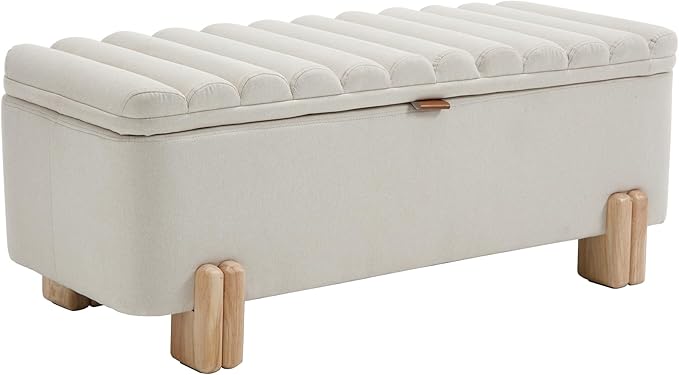 Kmax 45" Storage Bench Linen Entryway Bench Upholstered Ottoman Bench with Wavy Top & Safty Hinge for Bedroom Living Room Hallway, Beige