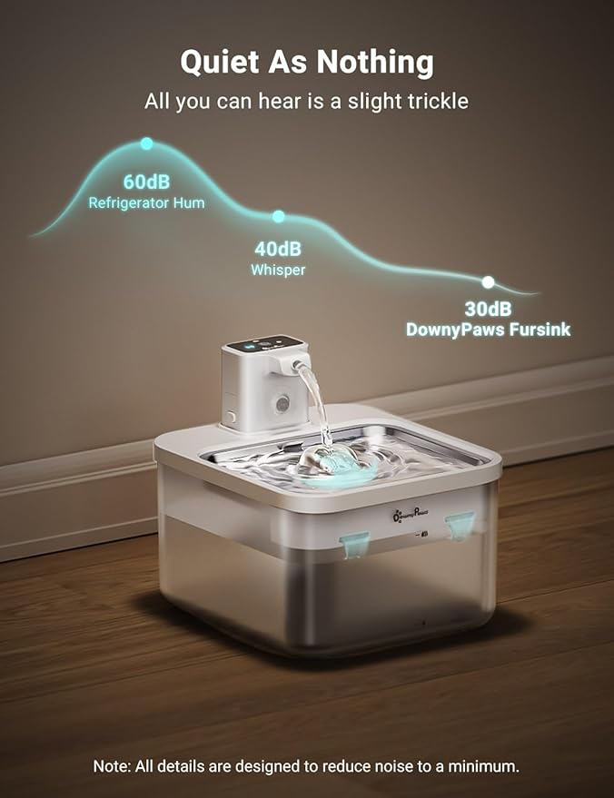 DownyPaws Battery Operated Cat Water Fountain Stainless Steel, 84oz/2.5L Fursink Wireless Pet Water Fountain for Cats Inside, Automatic Dog Water Dispenser with Faucet, Quiet Pump, BPA-Free, White