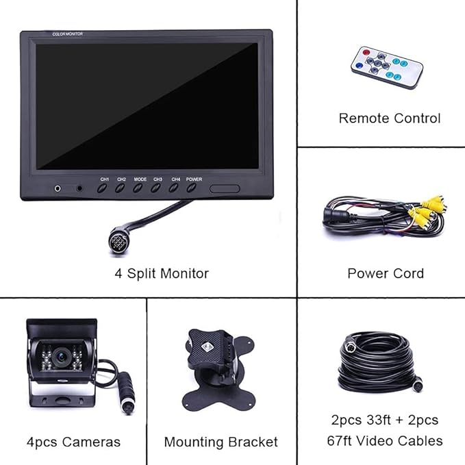 Vehicle Backup Camera Wired Backup Camera 9 Inch 4 Split Monitor with 2 x Front View Cameras 2 x Rear View Cameras with 170° 18 IR Night Vision IP 67,12-35V, Suitable for Trucks,Buses, SUVs,Trailers