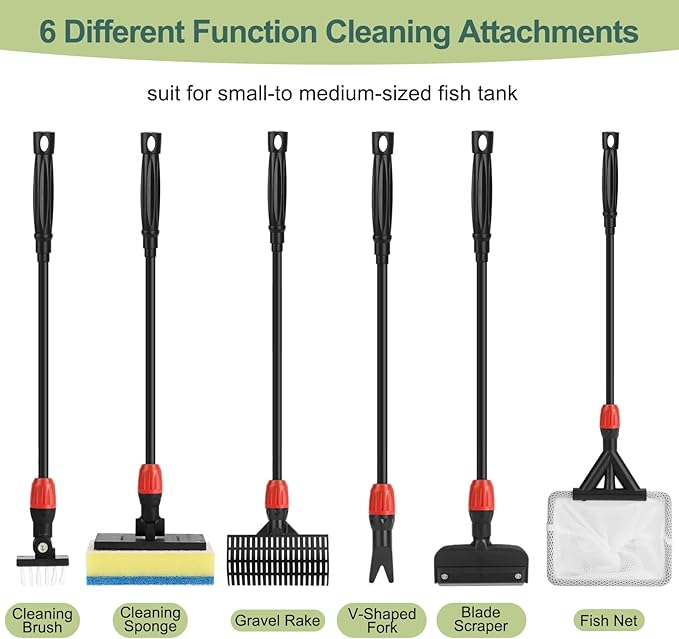 hygger Multi-Use Fish Tank Cleaner, 6 in 1 Aquarium Cleaning Tools Kit with 17.7 Inches Long Handle Algae Scraper Sponge Scrubber Firm Scrub Brush Fish Net Gravel Rake for Acrylic & Glass Tank