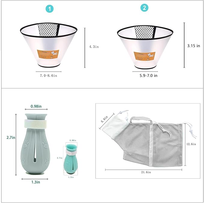 7-Piece Cat Bathing Set - Anti-Scratch Silicone Shoes, Claw Covers, Shower Net, Bathing Bag & Elizabethan Collar (Grey-3)