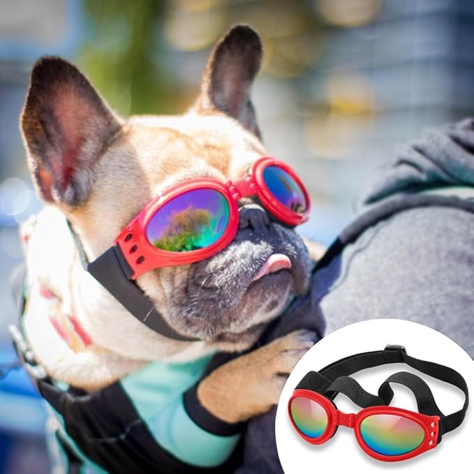 QUMY Dog Sunglasses Dog Goggles for Medium Large Breed Dogs, Wind Dust Fog Protection Eye Wear Pet Glasses with Adjustable Strap for Motorcycle Car Driving Bike Riding Hiking Swimming Over 15lbs Red