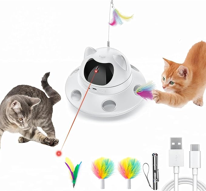 3-in-1 Cat Laser Toy & Interactive Automatic Motion-Activated Kitten Toy โ 6 Holes Whack-A-Mole Feather & Moving Ambush Fun โ USB Rechargeable, Apply to โ Indoor Exercise for Cats of All Breeds