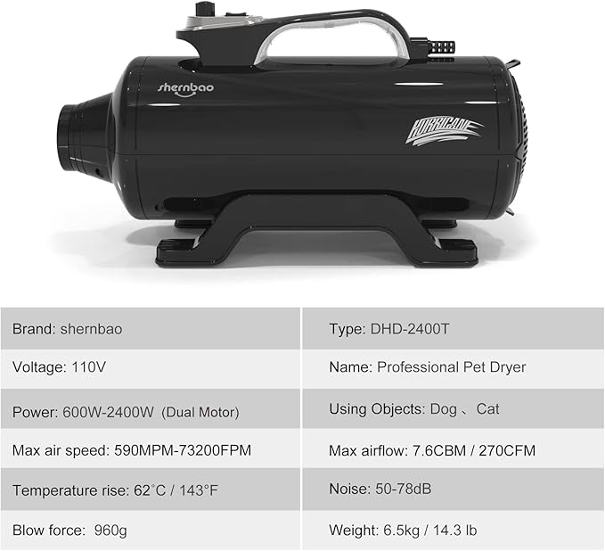 shernbao Dog Dryer High Velocity Professional Dog Pet Grooming Hair Drying Force Dryer Blower 6.0HP (DHD-2400T) (6.0HP, Jet Black)