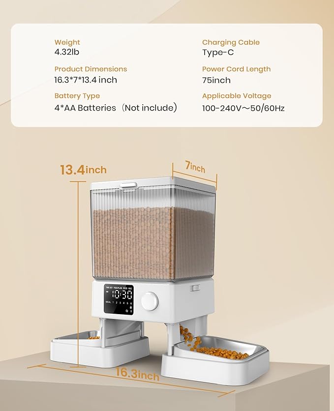 oneisall Automatic Cat Feeder for 2 Cats, 20 Cups/5L Automatic Cat Food Dispenser for Small Pets Indoor, Timed Cat Feeder for Dry Food(White)