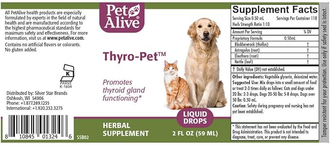 PetAlive Thyro-Pet – Herbal Thyroid Support Supplement for Dogs & Cats - Liquid Formula with Bladderwrack, Nettle, and Astragalus - Plant-Based Daily Drops for Healthy Thyroid Function – 2 oz Tincture