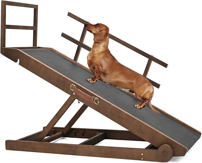 Dog Ramp, 5 Level Adjustable Wooden Folding Pet Ramp for Middle Bed, Couch,SUV-High Traction, Portable Paw Ramps for Small & Large Old Dogs & Cats - Furniture Quality