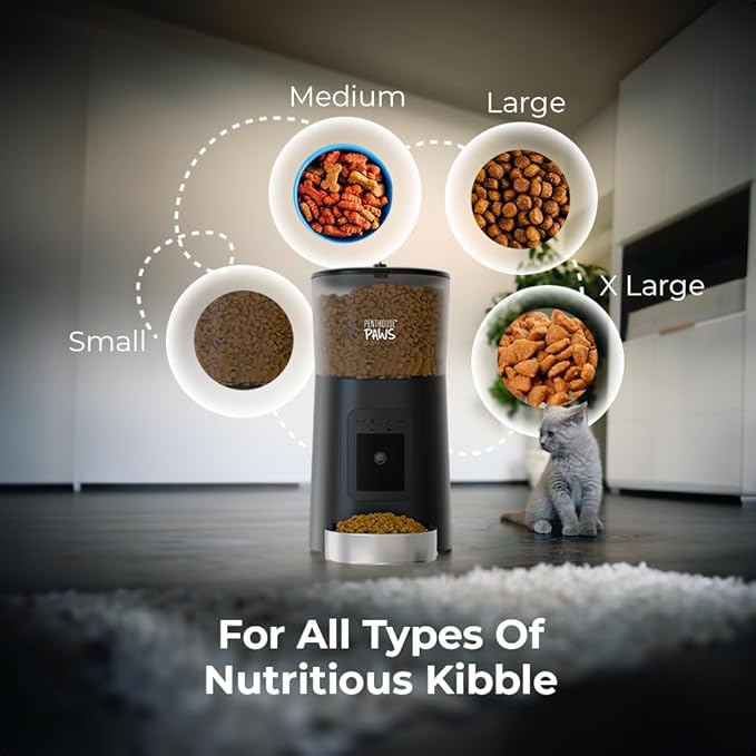 Smart HD Cat Feeder, 2 Way Audio + Voice Recording, Automatic Feeder for Dog with 1080p Night Vision Camera, WiFi App Controlled, Battery Backup, Anti Jam 6L Upto 15 Daily Meals, Black Stainless
