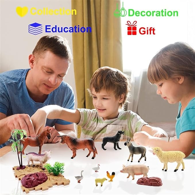 Farm Animal Figurines, Realistic Plastic Animals Toys with Fences Building Blocks, Farm Figures Playset Educational Birthday Gift for Kids & Toddlers, 53 PCS
