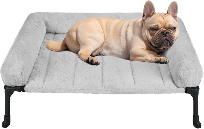 Veehoo Cooling Elevated Dog Bed with Fluffy Plush Bolster Cushion, Indoor Raised Dog Beds for Large Dogs, Soft Pet Sofa Cot with Removable Washable Mat, No-Slip Feet, 32 x 25 inches, Grey