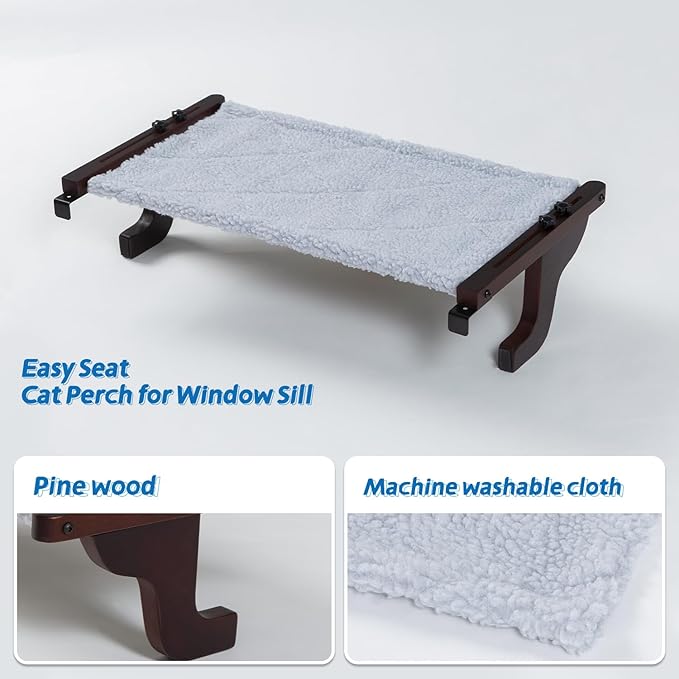 Easy Seat Cat Perch for Window Sill - Hammock Design w/Premium Wood & Robust Metal Frame - Cat Window Seat for Large Cats and Kittens (Dark Stained Wood w/Gray Bed, Large (26''W x 14''D))