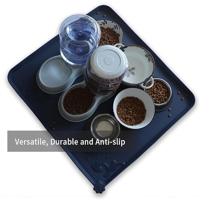 Hoki Found XX-Large Silicone Pet Food Mats Tray - Non Slip Pet Dog Cat Bowl Mats Placemat - Dog Pet Cat Feeding Mat - Waterproof Dog Cat Food Mats -Pet Water Mats for Carpet - French Navy