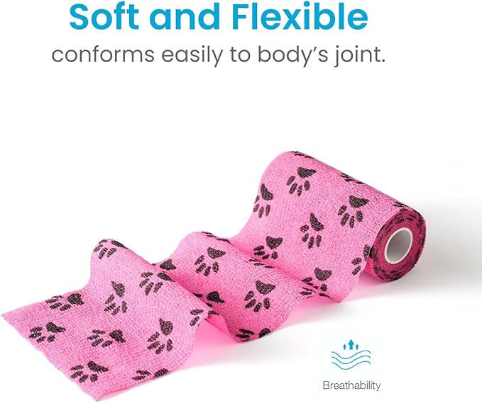 WePet Pet Wrap, Self-Adhesive, Only Sticks to Itself, Non-Woven Tape for Dog Legs, Paws, Wounds, First Aid Cohesive Gauze for Horse, Cat, Bird, Animal, 6 Rolls, 4 Inch, Pawprints B