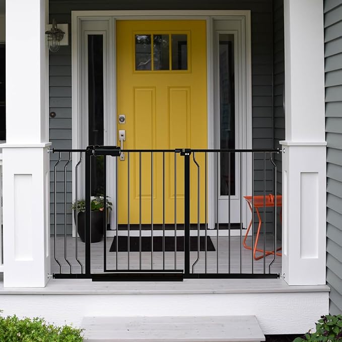 Fairy Baby Walk Through Baby Gate 34-38.5 Inch Wide, Pressure Mounted Safety Gate with Door No Drill, Tension Metal Gate for Dog and Toddler, Black