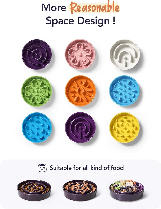 LE TAUCI Ceramic Slow Feed Dog Bowls, Elevated for Small and Medium Breed Dogs, Anti-Gulping Pet Feeding Dishes, Maze Purple, 1.5 Cups