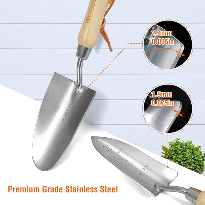 WORKPRO Garden Tools Set, 8 Piece, Stainless Steel Heavy Duty Gardening Tools with Wooden Handle, Including Garden Tote, Gloves, Trowel, Hand Weeder, Cultivator and More-Gardening Gifts For Women Men