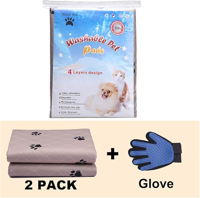 SincoPet Washable Dog Pee Pads with Puppy Grooming Gloves,Puppy Pads,Reusable Pet Training Pads,Large ,Waterproof Pet Pads for Dog Bed Mat,Super Absorbing Whelping Pads,36 Round Inch (Pack of 2)