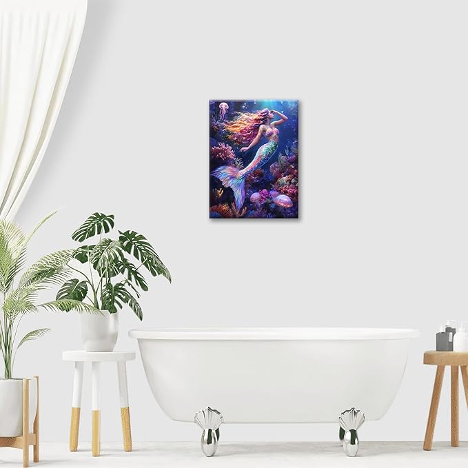 Sea Mermaid Bathroom Pictures Wall Art, Ocean Mermaid Bathroom Wall Decor, Aesthetics Framed Painting Canvas Artwork for Bedroom Living Room Decorations 16"L x 12"W