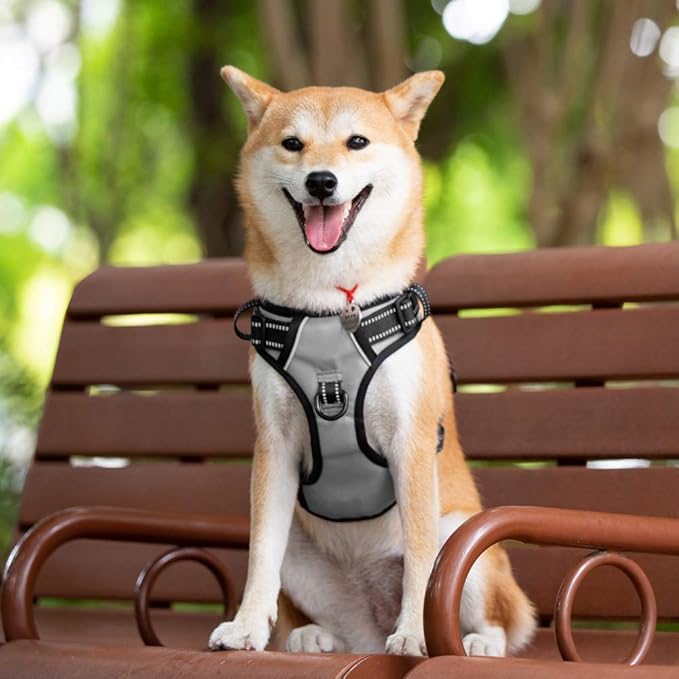 PoyPet No Pull Dog Harness, Reflective Comfortable Vest Harness with Front & Back 2 Leash Attachments and Easy Control Handle Adjustable Soft Padded Pet Vest for Small to Large Dogs (Gray,L)