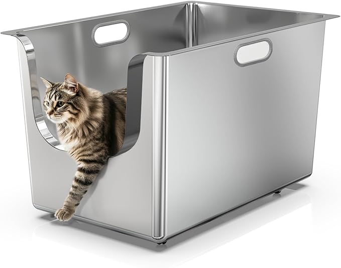 Stainless Steel Litter Box 13.7'' High Sides, XL Metal Cat Litter Box with Curved Low Entry, Cat Litter Pan for Big & Multiple Cats, Pet Toliet with Handy Wheels for Easy Moving