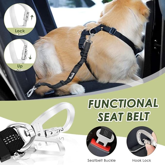 SlowTon Dog Seat Belt Harness for Car, Dog Car Harness Adjustable Mesh Breathable & Dog Seatbelt Safety Tether with Elastic Bungee for Small Medium Large Pets(Red, Double Clip, S)