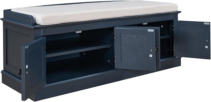 Storage Bench with 4 Doors and Adjustable Shelves, Shoe Bench with Removable Cushion for Living Room, Entryway 42.7" L x 16" W x 17.4" H (Antique Navy)