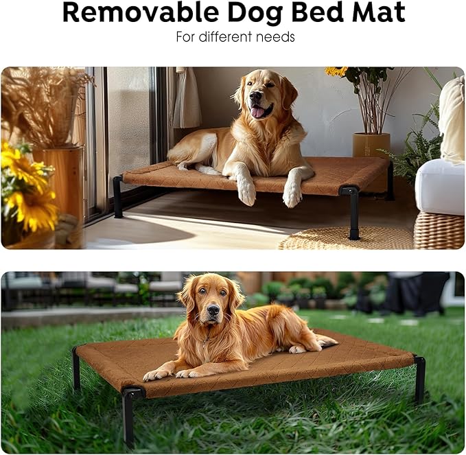 Veehoo Soft Plush Elevated Dog Bed, Raised Dog Beds with Heavy Duty Frame, Non-Slip Silicon Feet, Washable & Breathable Pet Cot for Indoor or Outdoor Use, 35" x 22", Brown, CWC2432A