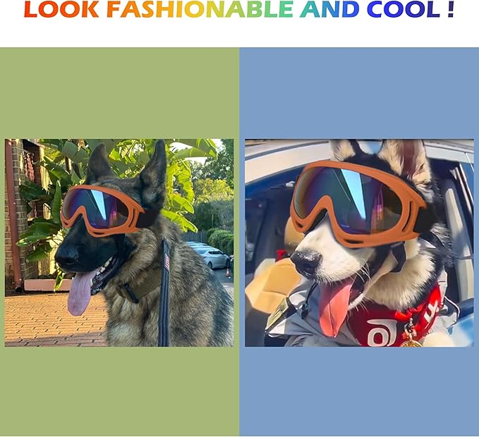 Large Dog Sunglasses With Adjustable Strap UV Protection, Windproof Puppy Eyewear, Suitable for Medium-Large Pets, Eyes Protection, Soft Goggles (Orange Frame)