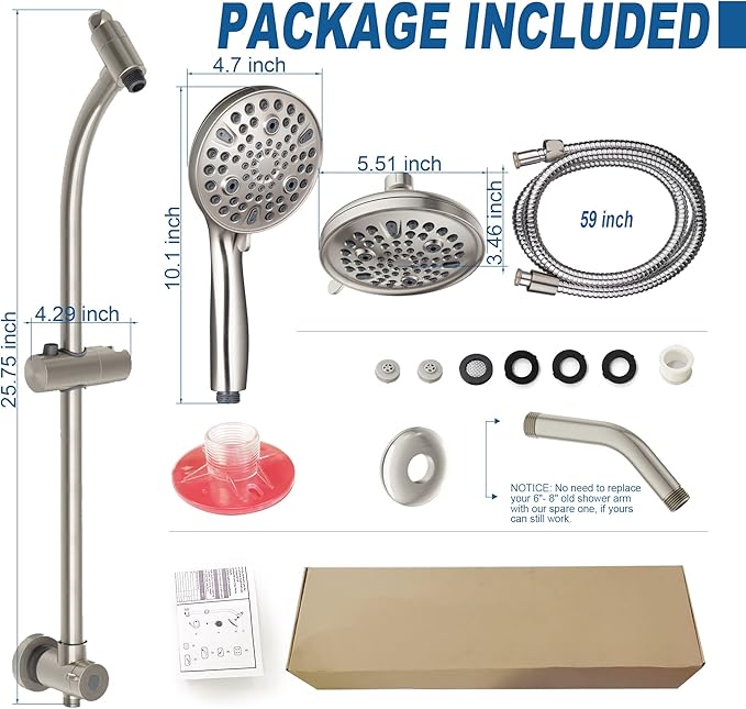 High Pressure Handheld/Rain 82-mode 3-way Shower Head Combo with 25.75" Adjustable Drill-free Stainless Steel Slide Bar, Pet & Tub Power Wash and Anti-clog Nozzles, with 5ft Hose - Brush Nickel
