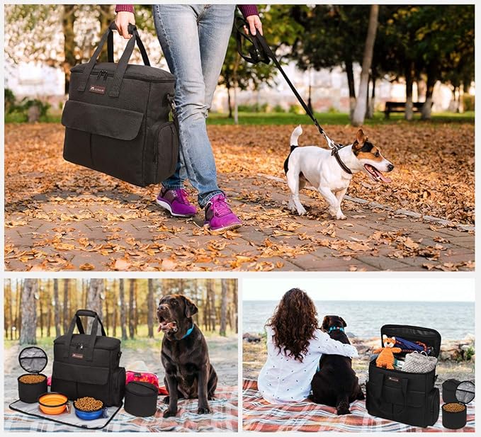 Dog Travel Bag by Modoker - Dog Travel Kit for a Weekend Away Set Includes Pet Travel Bag Organizer for Accessories, 2 Collapsible Bowls, 2 Travel Food Container (Black)