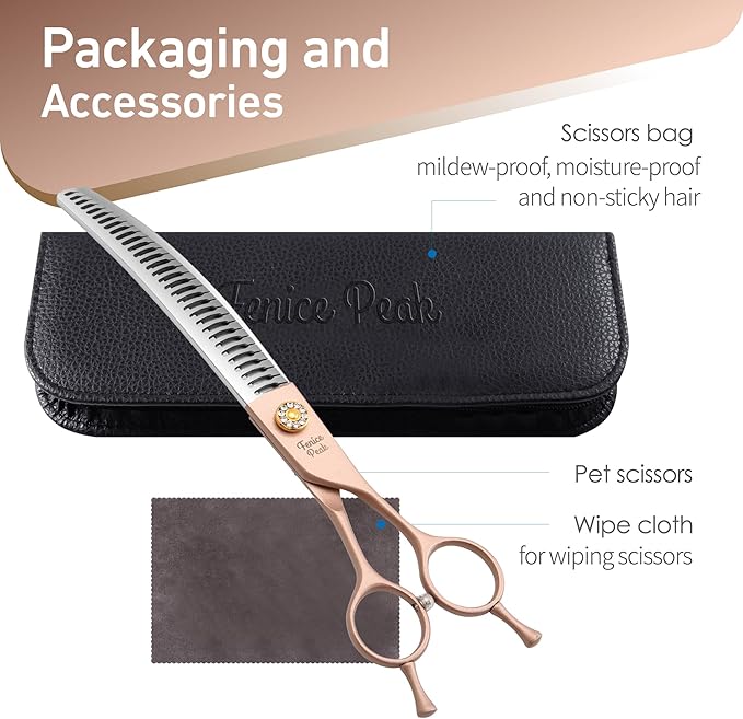 Fenice Peak Professional Curved Chunker Dog Grooming Scissors 7.0'' Rose Gold Thinning Shears Extremely Sharp Blades 440C Stainless Steel Thinning Shears Durable Smooth Fine Cut for Dogs and Cats.