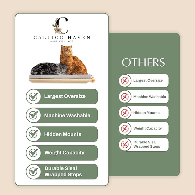 Extra Large 23.6”x12.6” CALLICO HAVEN- Stylish Cat Wall Shelves with Cushion, Modern Wall-Mounted Cat Tree Furniture, Window Cat Shelf & Perch, Sturdy/Hidden Mounts, Washable Cover - Flat Shape