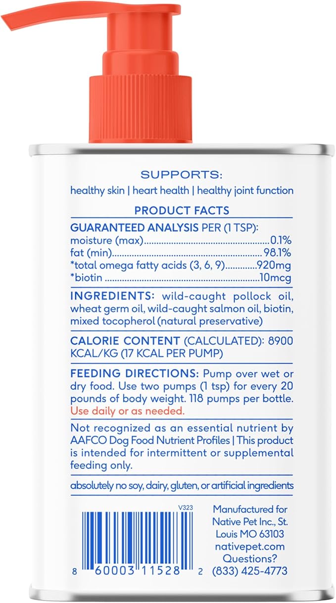 Native Pet Omega 3 Fish Oil for Dogs & Cats - Promotes Healthy Skin, Shiny Coat, & Strong Joints - Made with Wild Alaskan Salmon Oil for Dogs – Tasty, Fast-Absorbing Omega 3 6 9 Liquid Supplement- 8oz