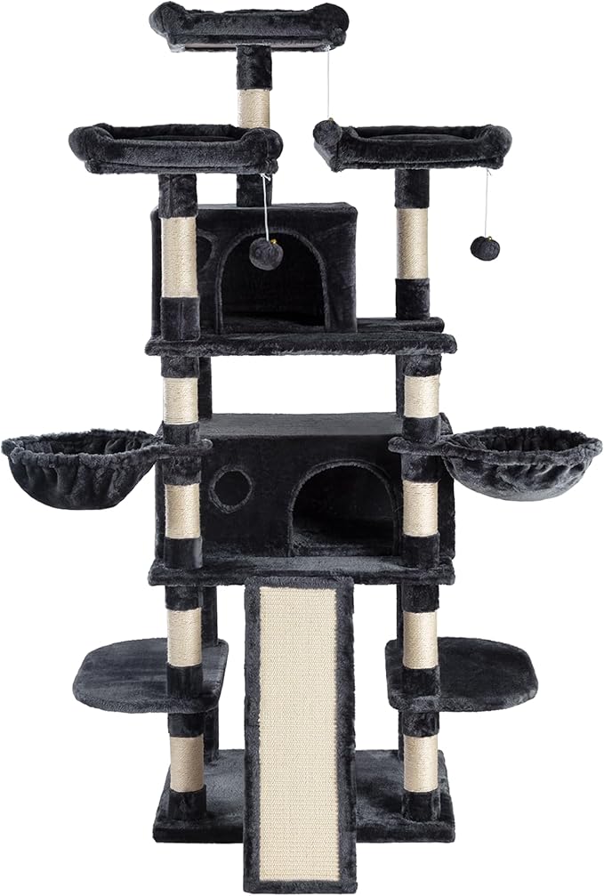 SHA CERLIN 68 Inches Multi-Level Large Cat Tree for Large Kitties/Big Cat Tower with Condo/Cozy Plush Pussycat Perches/Sisal Scratching Posts and Hammocks/Activity Center/Dark Grey