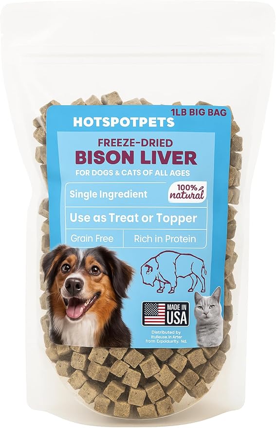 hotspot pets Freeze Dried Bison Liver Treats for Cats & Dogs - 1 Pound Big Bag,Made in USA, Single Ingredient All Natural, Grain-Free Bison Liver - Perfect for Training, Topper or Snack