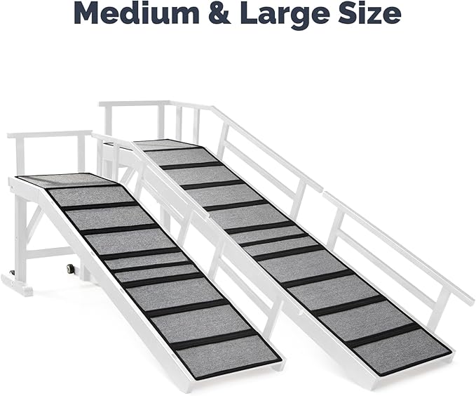 Dog Ramp for Bed or Couch, Wooden Pet Ramp with 20° Gentle Slope, Removable Side Rails, Non-Slip Surface, Top Platform & Wheels, Safe Bed Ramp for Small, Medium & Senior Dogs, 74" Long, White