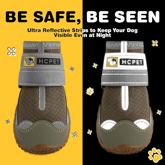 Hcpet Dog Shoes for Large Dogs, Breathable Dog Booties for Small Medium Dogs, Anti-Slip Dog Boots & Paw Protectors for Hot Pavement Winter Snow Hiking with Reflective Straps Army Green Size 5