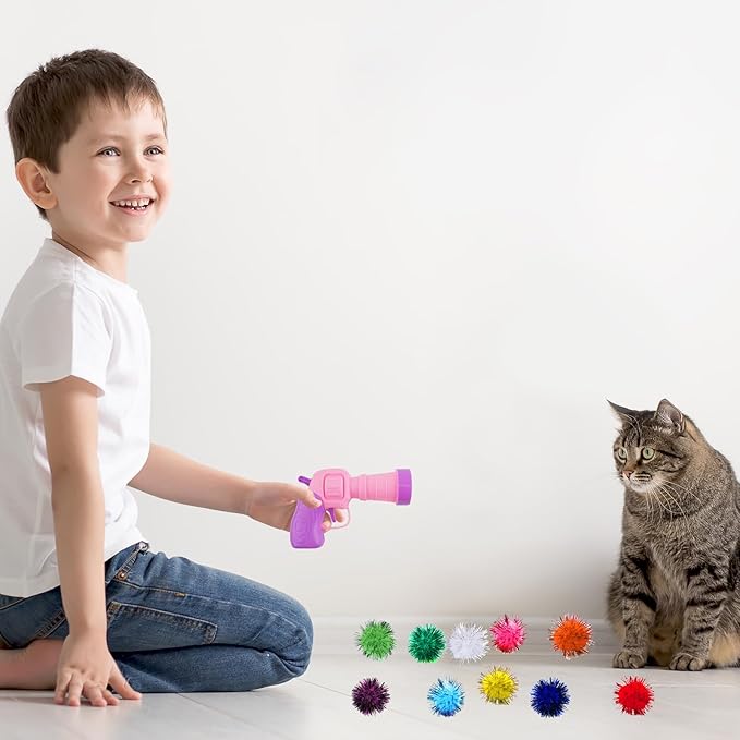 Dorhui Cat Toy Balls with Launchers Set, 30 Pcs Sparkle Pom Ball for Cat,Cat Enrichment Toys,cat Toys for Indoor Cats, Interactive Glitter Pom Ball for Kitty Gifts