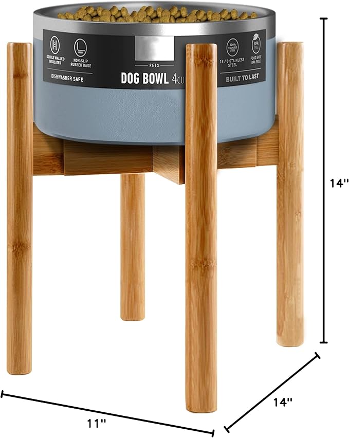 Dog Bowl Stand for Large Breed - 14-inch High, Adjustable Sideways to Fit Various Sizes of Pet Food/Water Bowls, Slow Feeders, and Drink Fountains - Bamboo