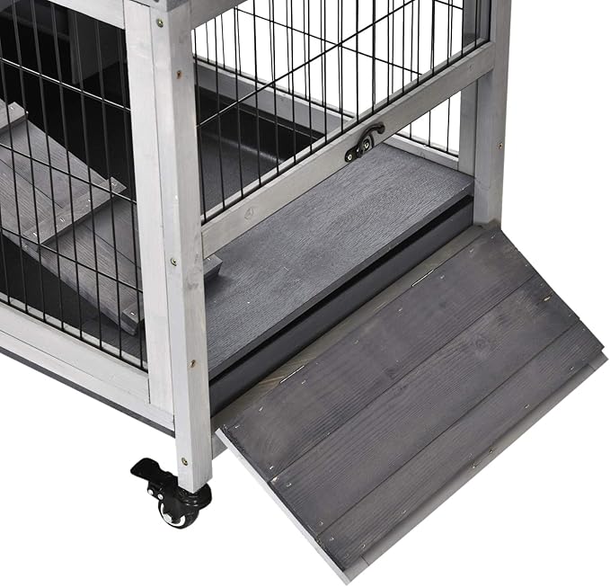 PawHut Wooden Rabbit Hutch Indoor Outdoor, Elevated Bunny Cage with No Leak Tray Enclosed Run with Wheels, Ideal for Guinea Pigs and Small Animals, Gray