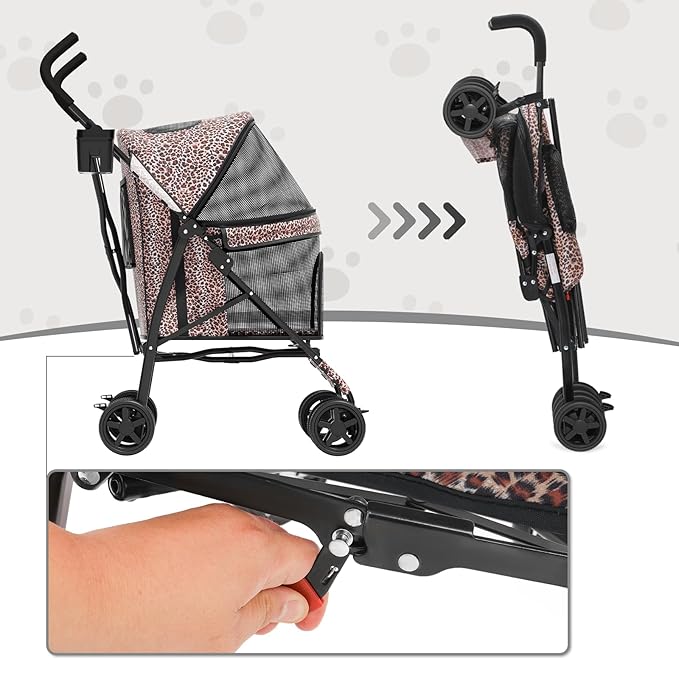 MoNiBloom 4 Wheels Pet Stroller, Easy-Fold Umbrella Shaped Dog Cat Jogger Stroller w/Storage Bag & Visible Mesh for Small/Medium Dogs Cats Leopard Print